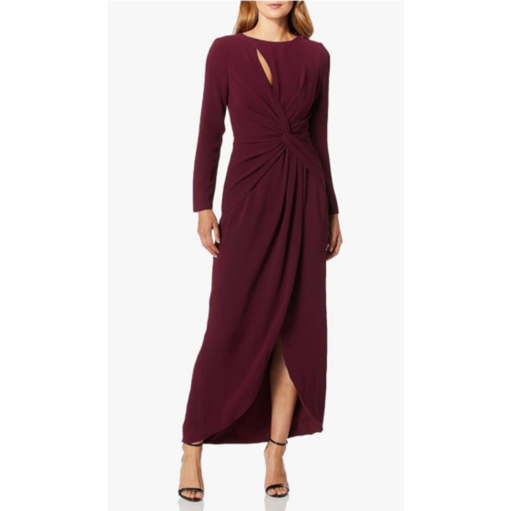 NEW Dress the Population Naomi Twist Front Crepe Gown Burgundy, Small